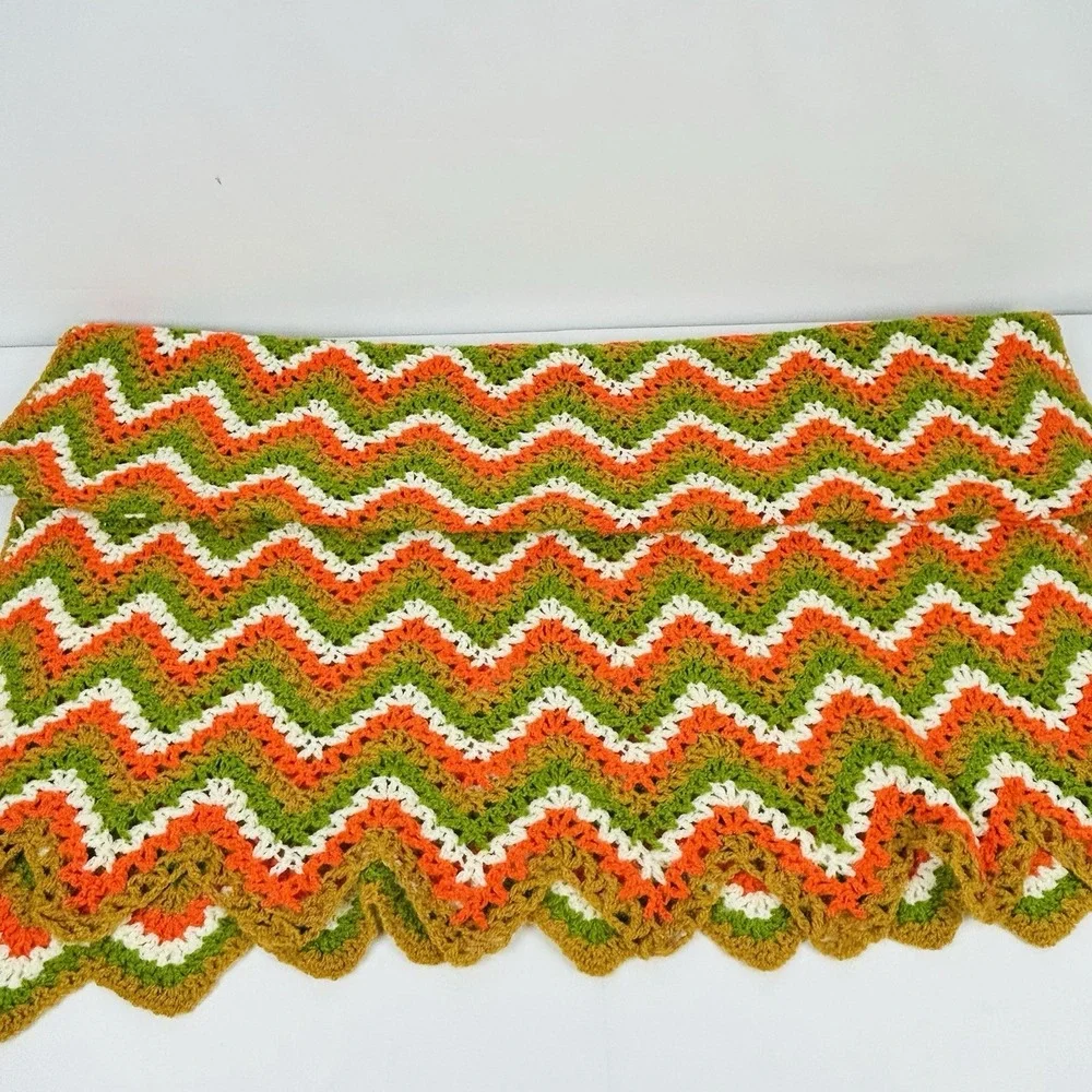 Handmade Throw Blanket Crocheted Granny Afghan Green Gold Orange White 80 x 48